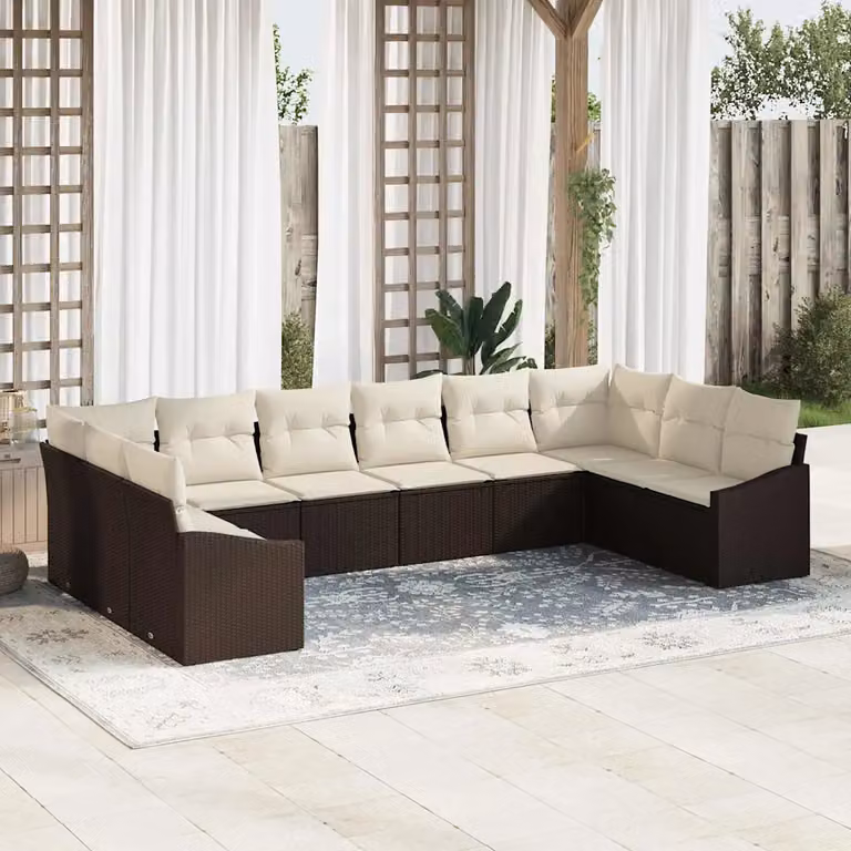 Set di divani da giardino vidaXL a forma di U in rattan marrone con cuscini inclusi e struttura in acciaio verniciato a polvere
