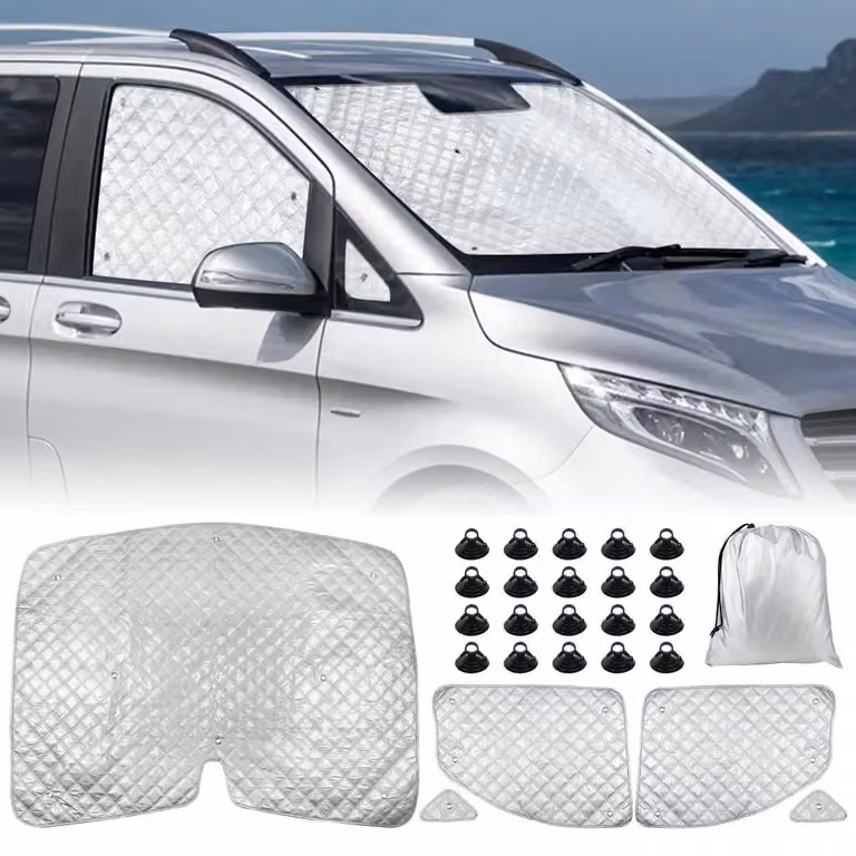 Tappetini termici per l'abitacolo, set da 5 pezzi, per Mercedes-Benz VITO III W447/Viano dal 2014 al 2022. Offrono protezione solare, protezione dai raggi UV e controllo della temperatura