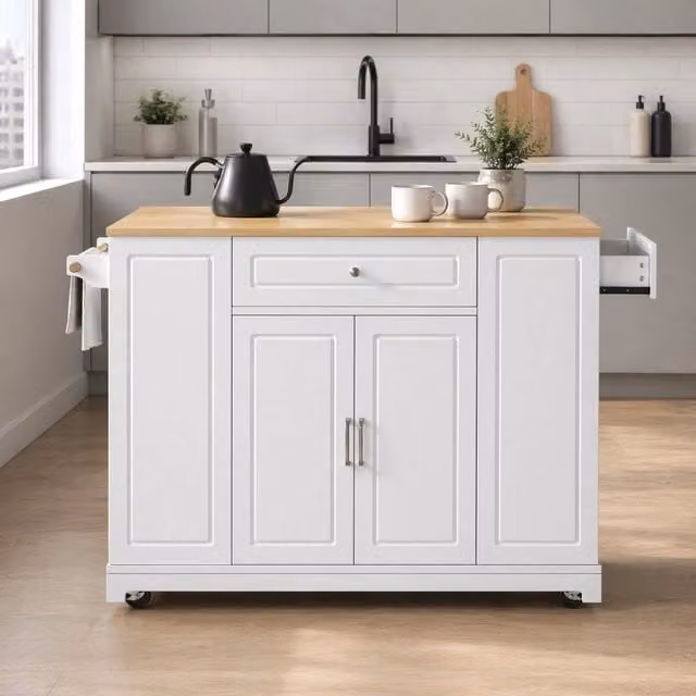 Mobile contenitore da cucina OKWISH bianco con piano estensibile, prese elettriche e vano rifiuti L: 131.8 cm, P: 40-70 cm, H: 93.3 cm