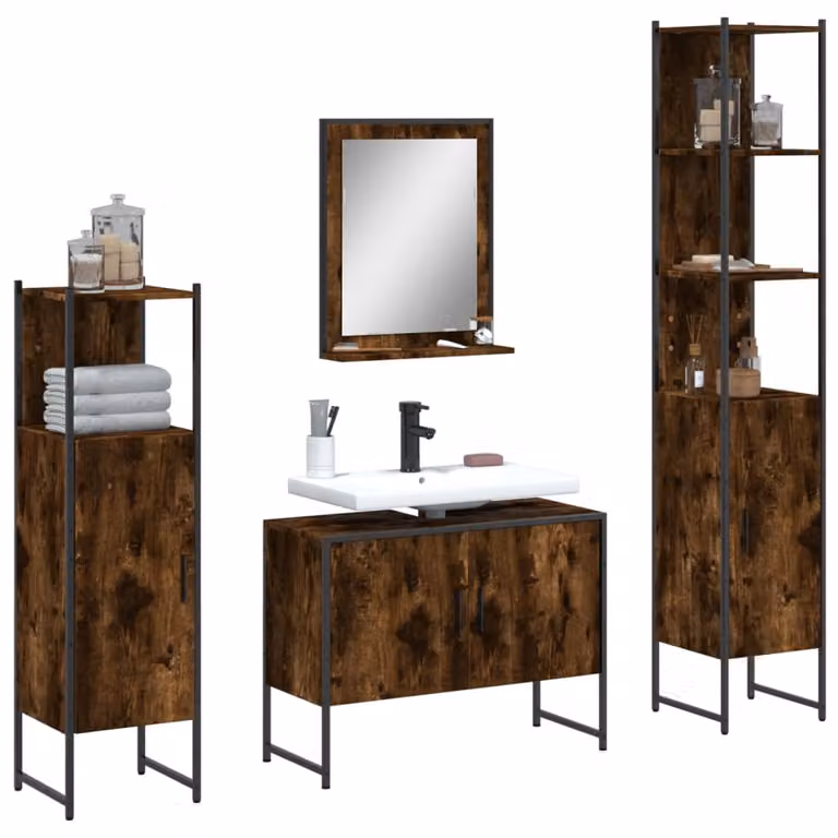Set di mobili da bagno vidaXL 4 pezzi in stile industriale color rovere fumo con legno, metallo e vetro