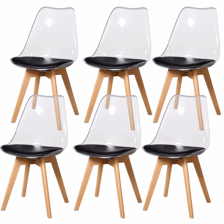 Sedie da pranzo - Set da 6 - Acrilico trasparente - Seduta imbottita in poliuretano - Gambe in legno di faggio - Colore nero