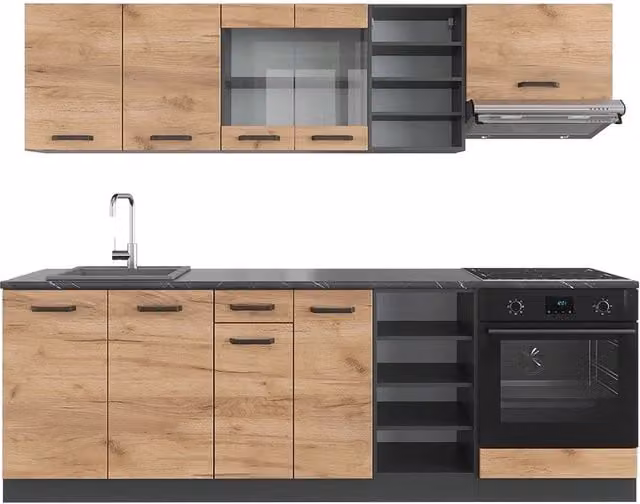 Cucina componibile moderna Vicco R-Line in legno e metallo, colore Rovere dorato e Antracite, L: 240 cm – 1