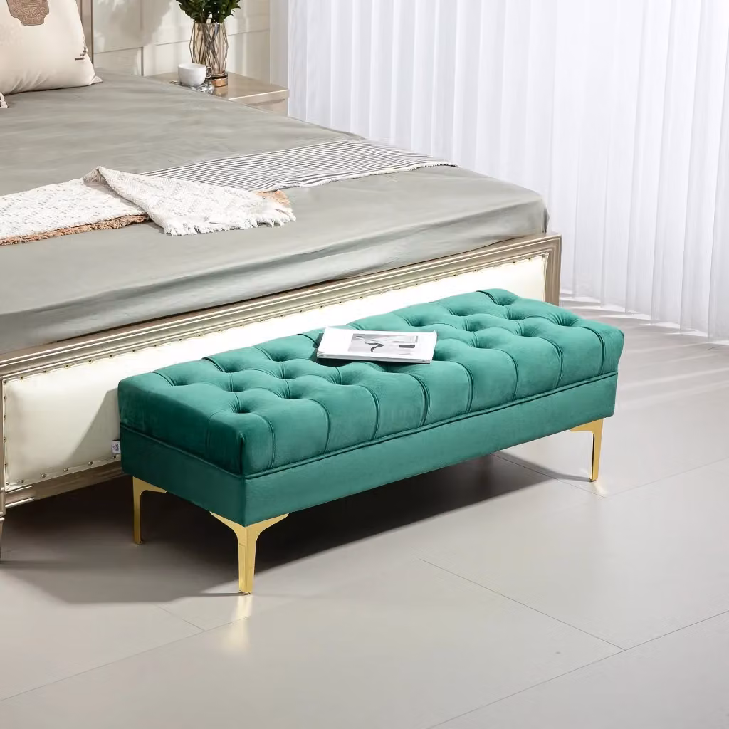 Panca fondo letto Giordanoshop imbottita con rivestimento in velluto verde e dettagli oro L: 118 cm, P: 45 cm, H: 42 cm – 2