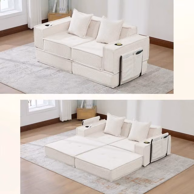 Divano letto 2 sedili convertibili con letto matrimoniale; pouf con portaoggetti e porta - tazze; cuscini 2; velluto a coste; beige