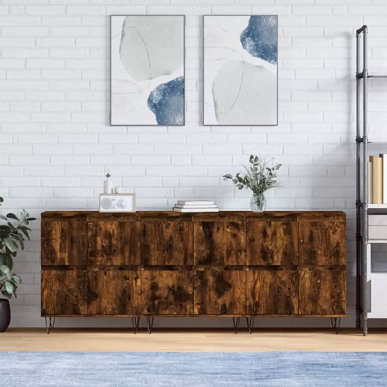 Set di 3 credenze vidaXL in legno multistrato e metallo, colore rovere fumo e marrone, stile classico