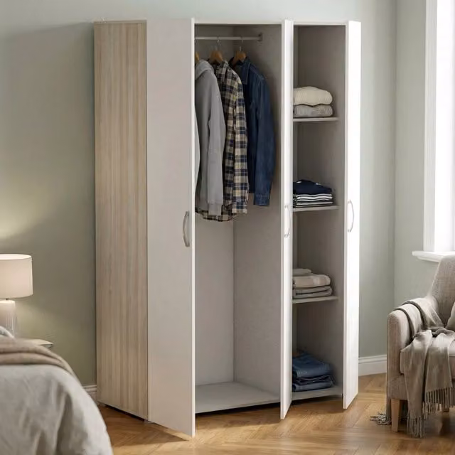 Armadio Dania DMORA per camera da letto, cabina armadio con appendiabiti e ripiani, L/P/H: 119 x 51 x 185 cm, Rovere e Bianco opaco