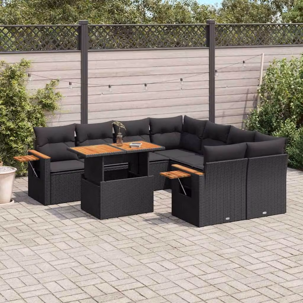 vidaXL Set Divani da Giardino a L 9 pz in Polyrattan Nero con Cuscini e Tavolino da Esterno – 1