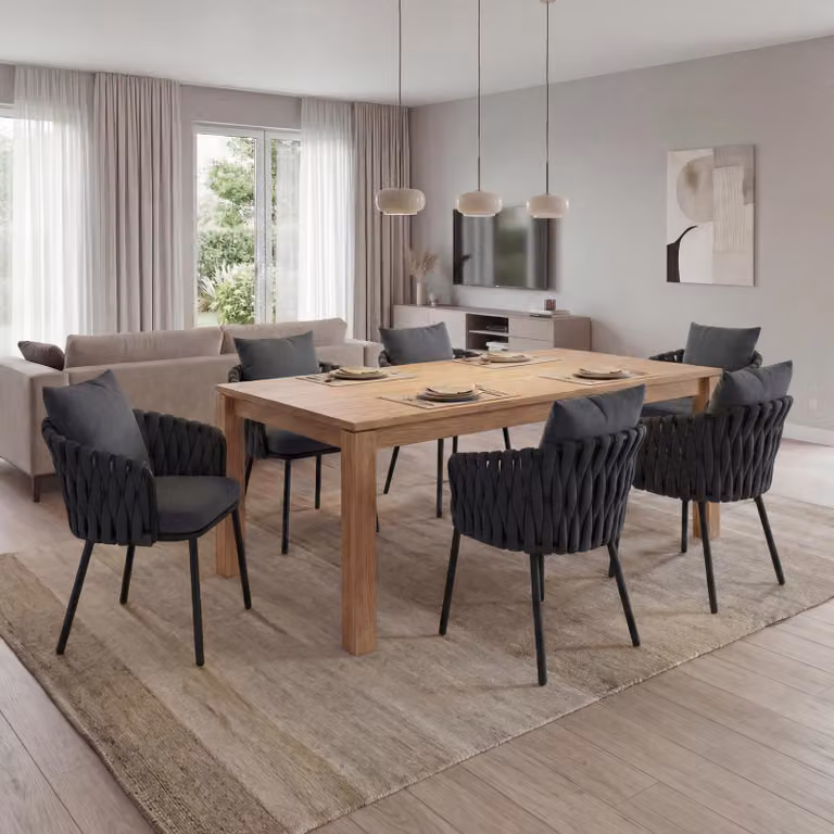 Set di 6 sedie da pranzo in alluminio HWC-P89, sedie da interno con braccioli, tessuto/materiale tessile (180 g/m²) intreccio in corda ~ antracite
