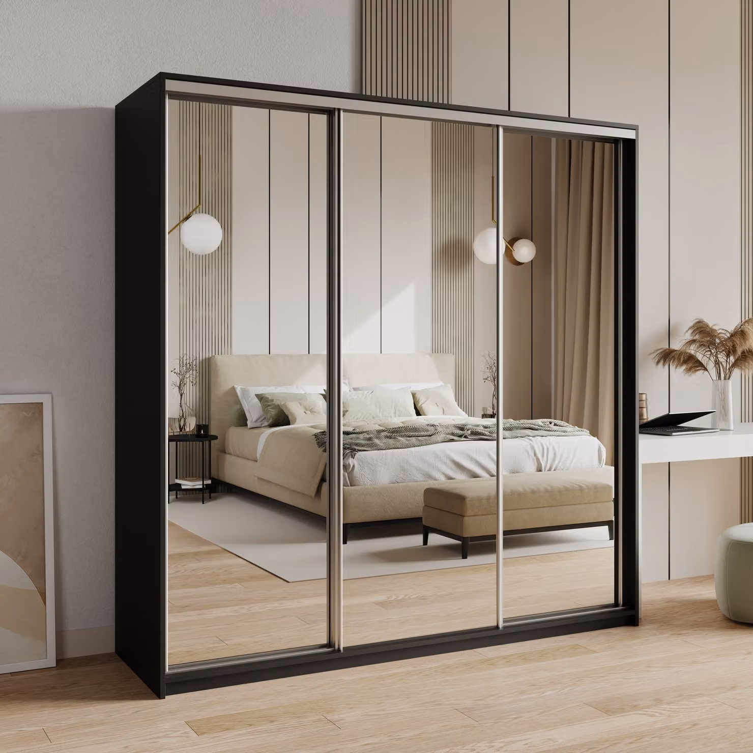 Armadio scorrevole Masseno RIEN 200/205/60 cm Armadio con cassetti Armadio per camera da letto a 3 ante con specchio Nero + raso
