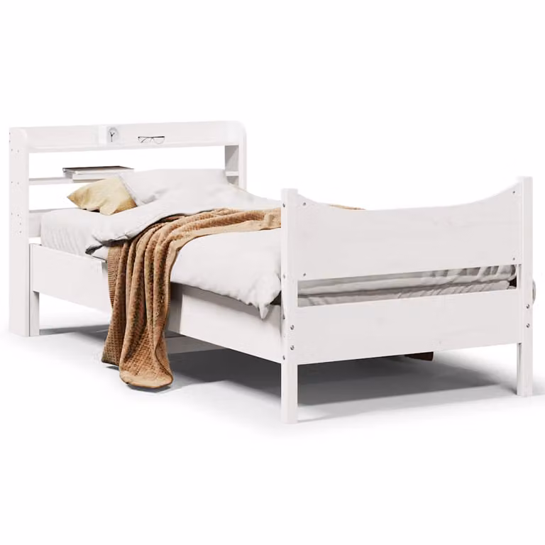 Letto vidaXL in legno di pino massello bianco con doghe rigide e ripiani laterali stile rustico