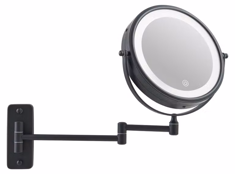 Specchio da parete illuminato, a doppio lato, ingrandimento 5x, finitura nero cromato, dimensioni 32,5 cm