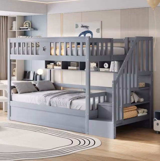 Letto a soppalco in legno 90x200 cm con letto inferiore idraulico, scala con contenitori, scaffali, colore grigio