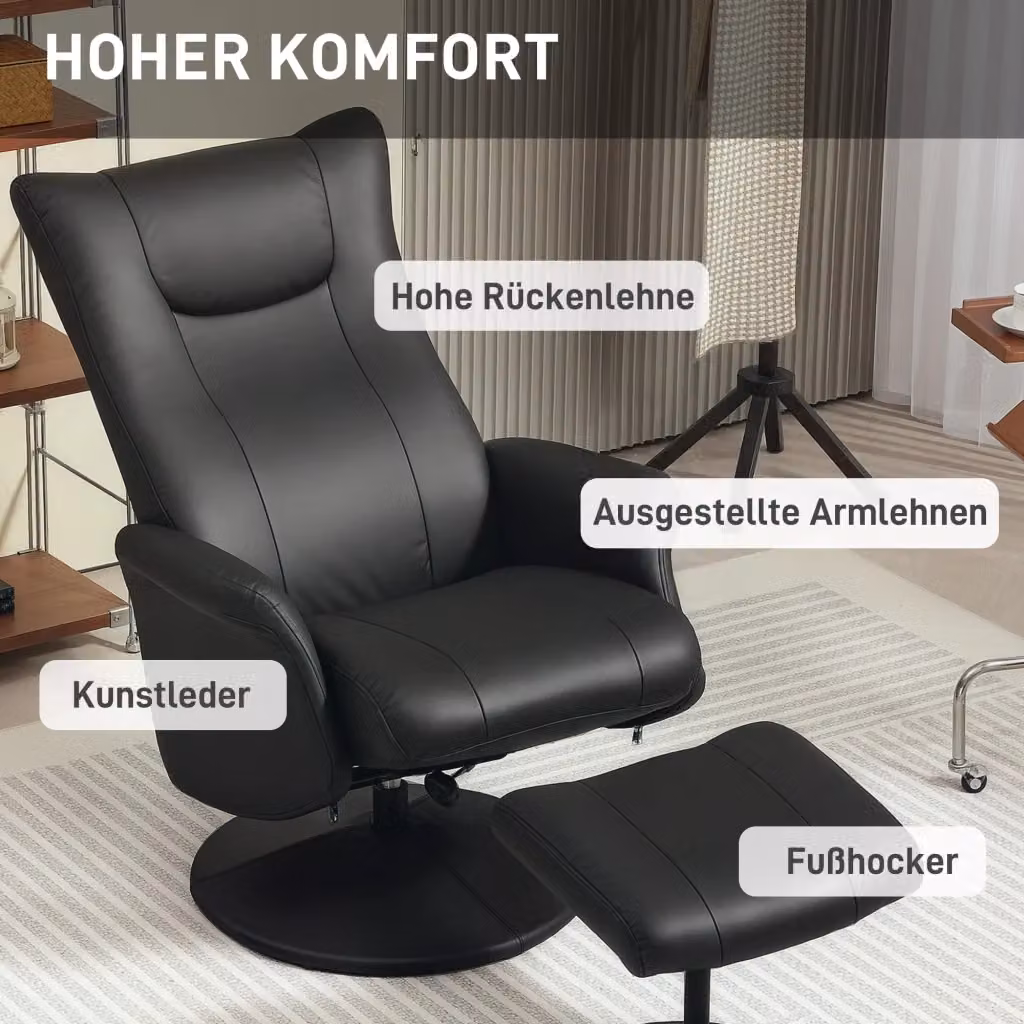 Poltrona Relax REDOM Nera con Poggiapiede, Girevole a 360 Gradi e Regolazione Manuale, L/P/H: 70 x 79 x 105 cm – 2
