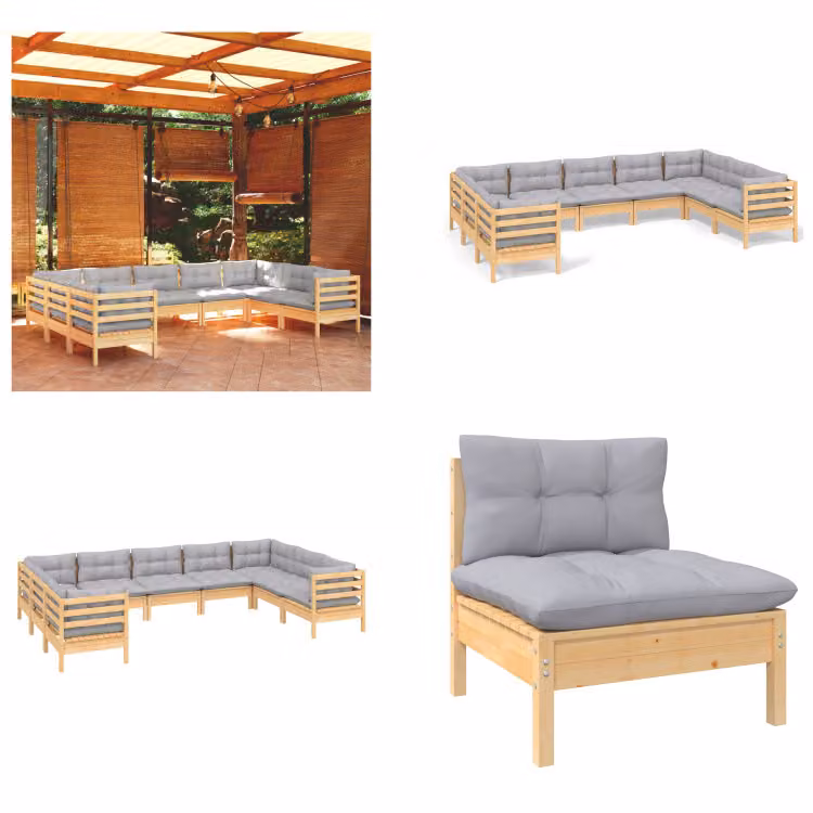 vidaXL Set salotto da giardino 9 pezzi con cuscini grigi in legno di pino - Set salotto da giardino - Set salotto da giardino - Set mobili da giardino - Set mobili da giardino