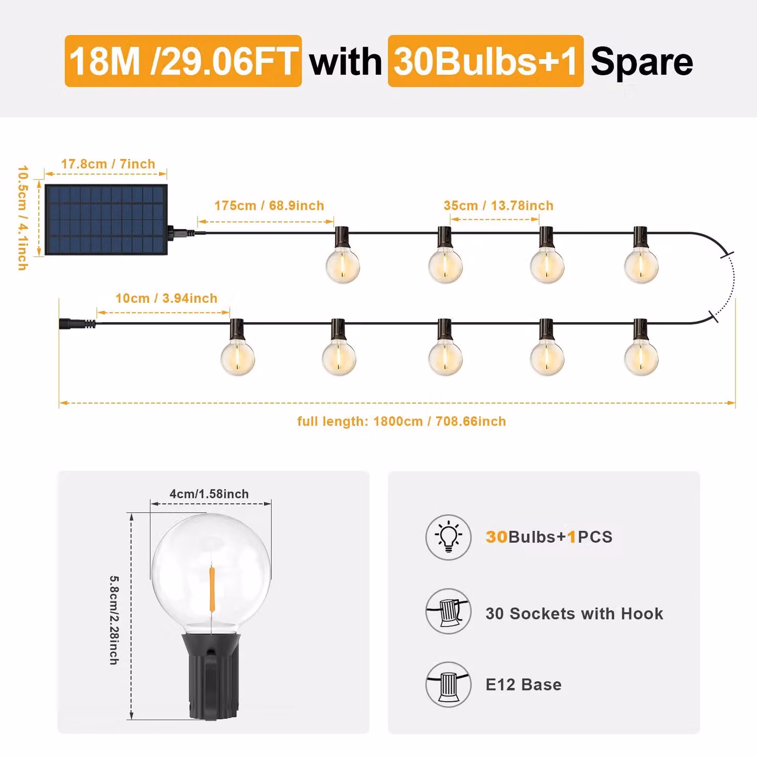 Catena luminosa solare per esterni - Lampadine G40 - 18 metri - 31 lampadine - Dimmerabile - Con telecomando - Grado di protezione IP65