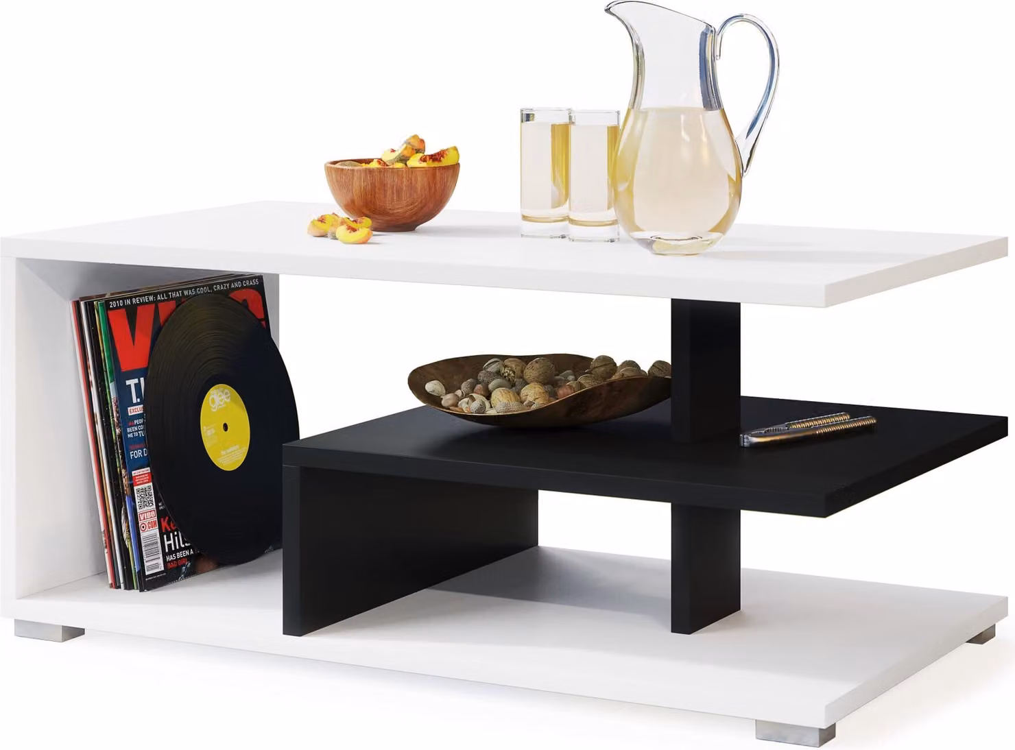 Tavolino All4All, piccolo tavolino da caffè, tavolino per il soggiorno, tavolino da divano con ripiani, tavolino da divano, 90x50 cm, modello 05, bianco e nero