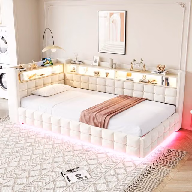 Divano letto Mivray in velluto beige con vano contenitore idraulico, illuminazione LED e porte USB/Type-C, L/P/H: 200 x 90 x 85 cm