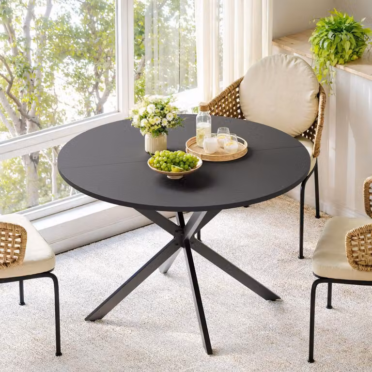 Tavolo rotondo con gambe a X, 120 cm - Tavolo da cucina e da pranzo per l'home office, il balcone o come tavolino da salotto - Nero