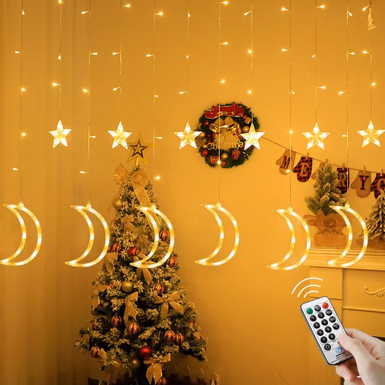 Tenda luminosa con 138 LED, lunghezza 5,5 metri, 8 modalità, design a stella e luna, grado di protezione IP65, con timer