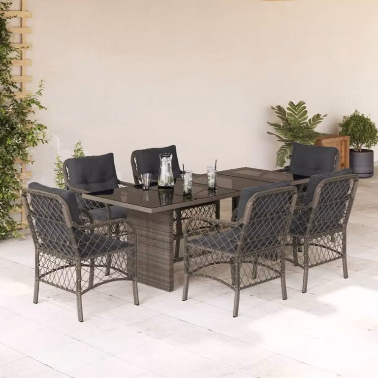 vidaXL Set da Pranzo da Giardino 7 pz in Polyrattan Grigio con Piano in Vetro