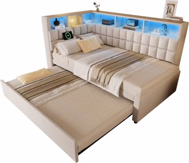 Letto singolo estraibile 90x200 cm con LED; USB-C; altoparlante Bluetooth e testiera in lino beige