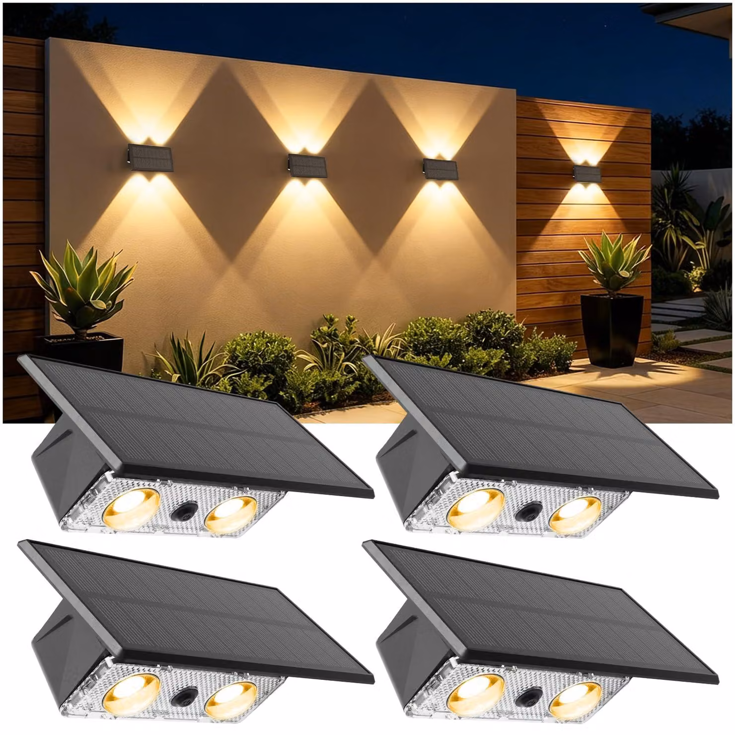 Lampade solari da esterno, 4 pezzi, con illuminazione direzionale verso l'alto e verso il basso, grado di protezione IP65, 3 modalità, luce bianco caldo