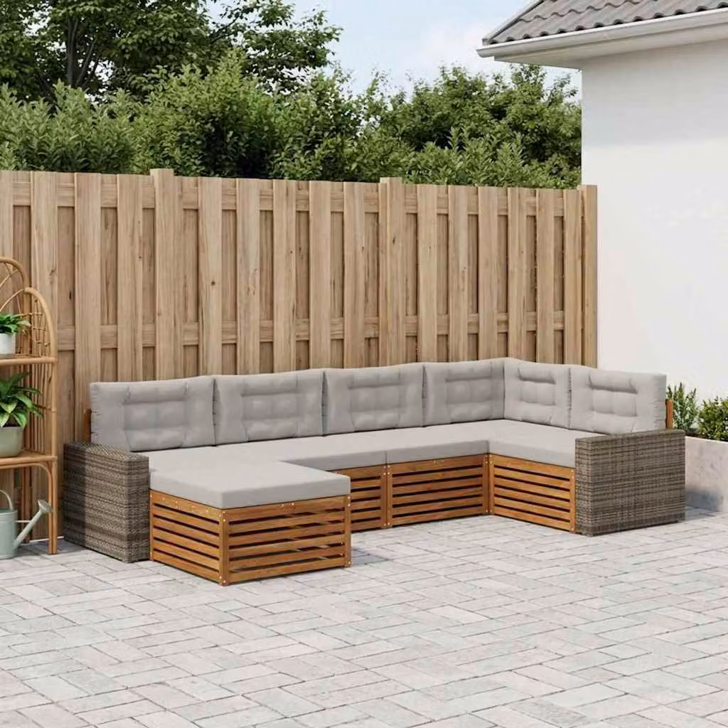 Set di divani da esterno vidaXL 6 pz a forma di L in legno di acacia con cuscini beige e grigio chiaro