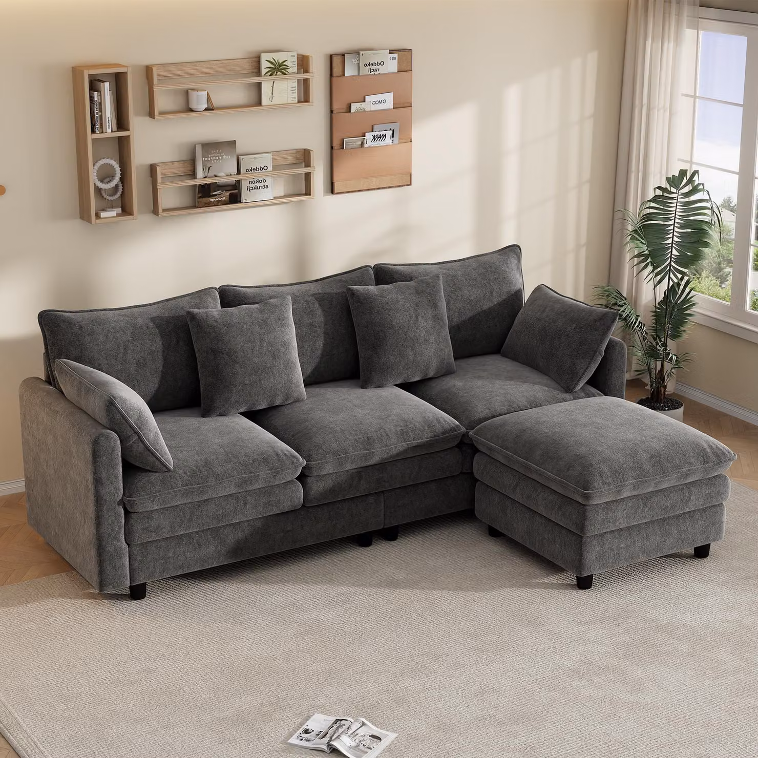Divano angolare a forma di L, 3 posti, con chaise longue, rivestito in tessuto tipo chenille, con 4 cuscini e 3 schienali, dotato di 12 gambe, ideale per il soggiorno, colore grigio