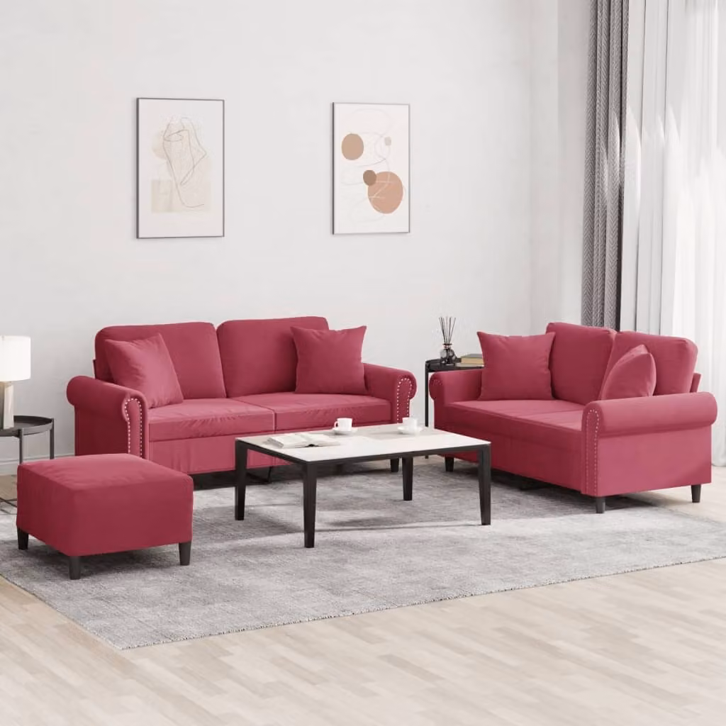 Maison Exclusive - Set divano a 3 pezzi con cuscini in velluto bordeaux