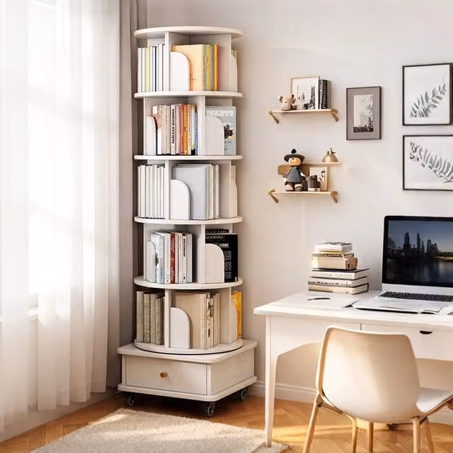 Libreria girevole OKWISH con 1 cassetto e ruote, design moderno in MDF bianco per camera da letto e soggiorno, L: 58 cm, P: 56 cm, H: 29 cm