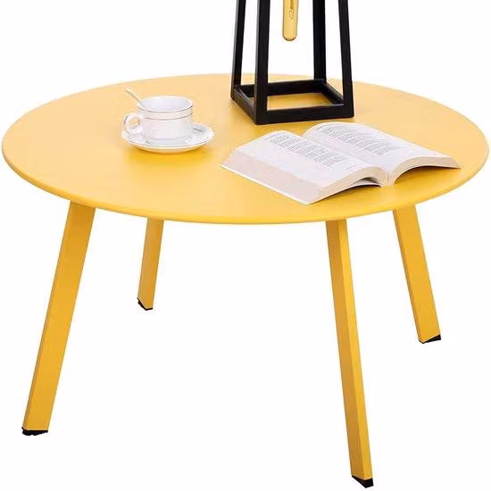Ibenzoa® Tavolino rotondo in metallo, diametro 70 x altezza 40 cm, giallo – resistente agli agenti atmosferici, ideale per giardino e soggiorno, base a forma di croce, piedini regolabili, capacità portante di 25 kg