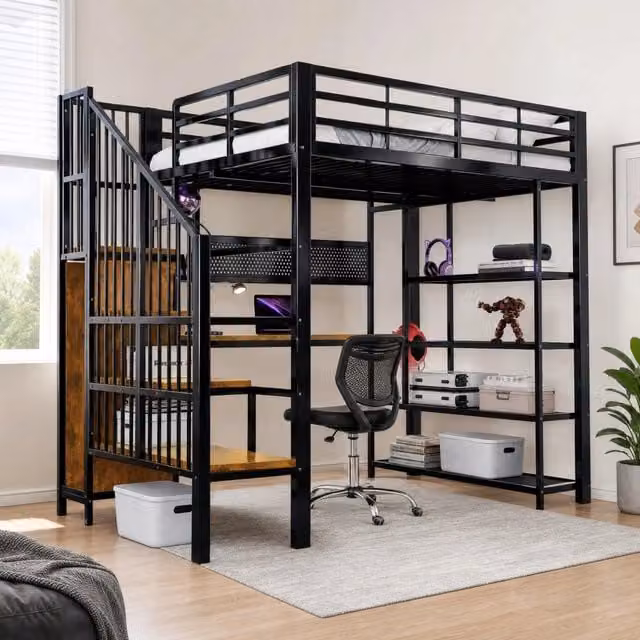 Letto a soppalco multifunzionale 140x200 cm in metallo e legno; nero; con LED e prese