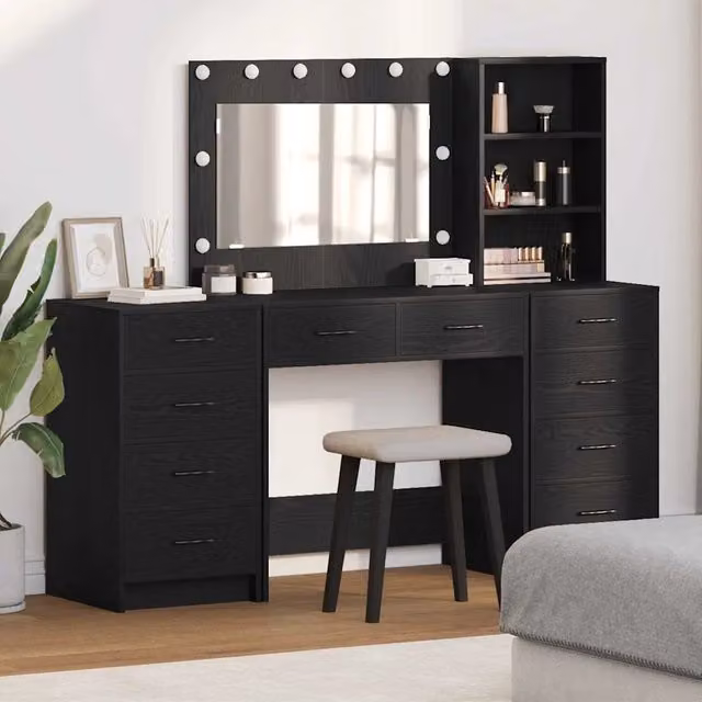 Set da trucco Hollywood con LED vidaXL in rovere e nero L: 78,5 cm, P: 41 cm, H: 135 cm – 1