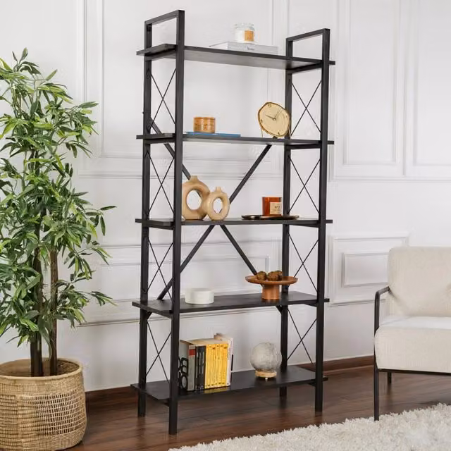 Libreria Suriel DMORA in metallo nero opaco per ufficio e soggiorno, L 90 cm x P 34 cm x H 180 cm