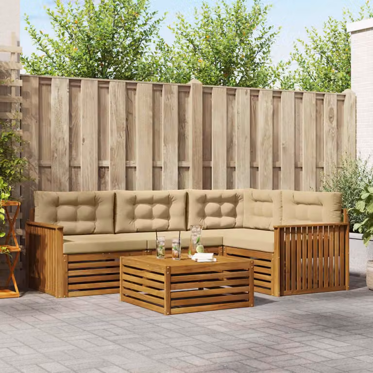 Set di divani da esterno vidaXL 5 pezzi in legno di acacia con tavolo da caffè e cuscini, design moderno a L, colore marrone e beige