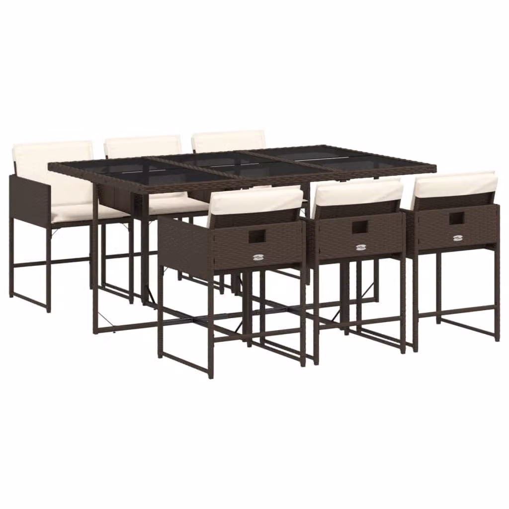 Set da Pranzo da Giardino 7pz con Cuscini in Polyrattan Marrone