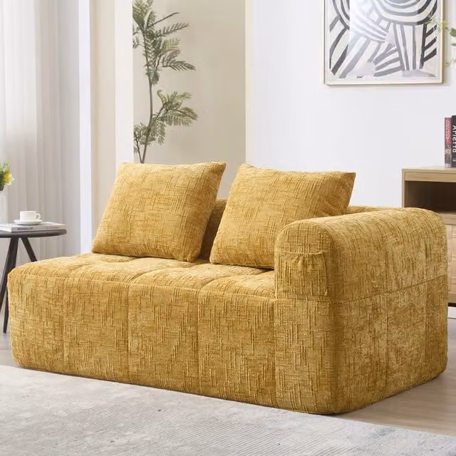 Divano con chaise longue e tasche laterali con cuscino incluso imbottitura in schiuma ciniglia giallo 158 × 90 × 60 cm