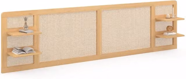 IDMarket Testiera EDHEN da 240 cm in legno e rattan con ripiani integrati, marrone e beige