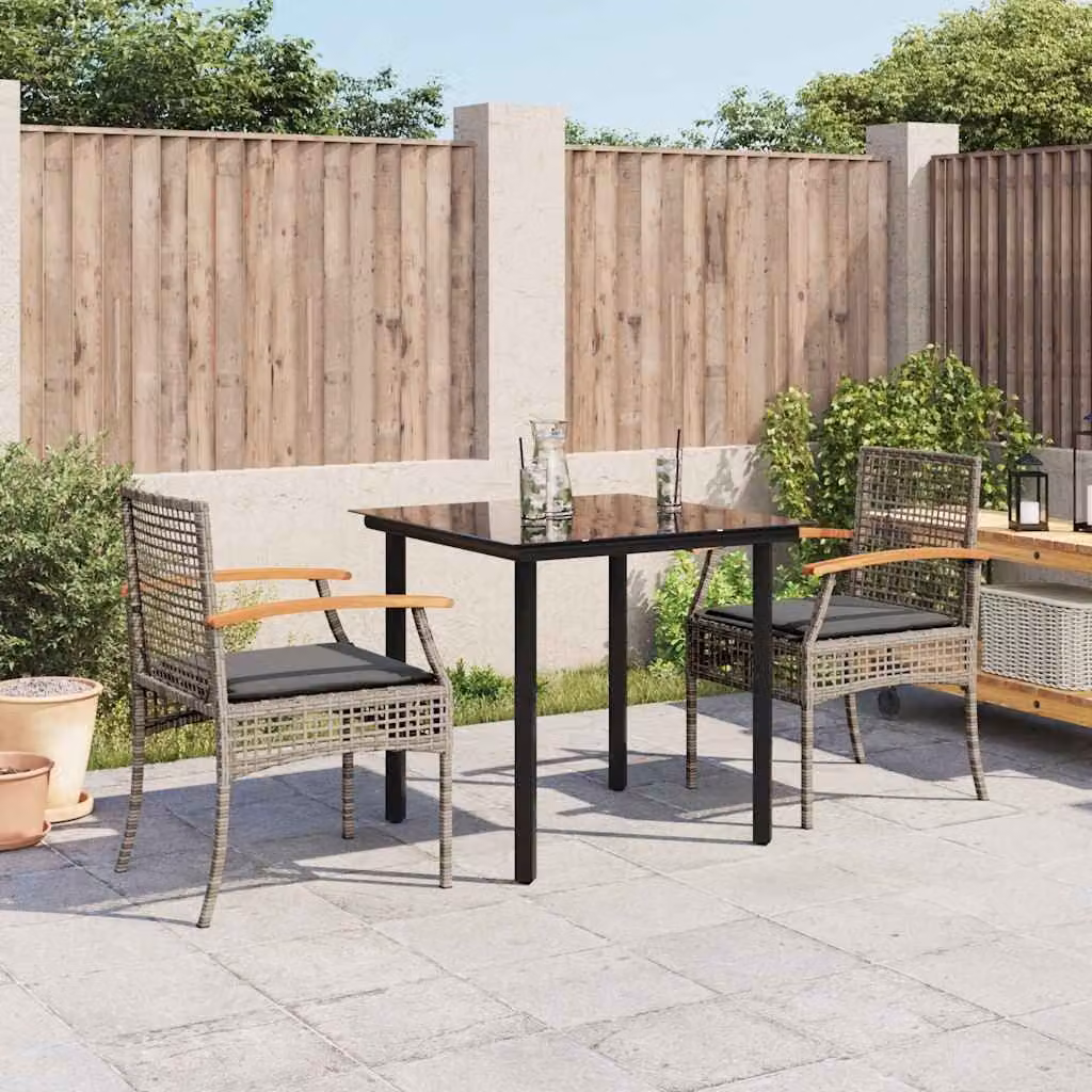 vidaXL Set da Pranzo da Giardino 3 pz in Polyrattan e Legno di Acacia con Piano in Vetro Grigio e Nero
