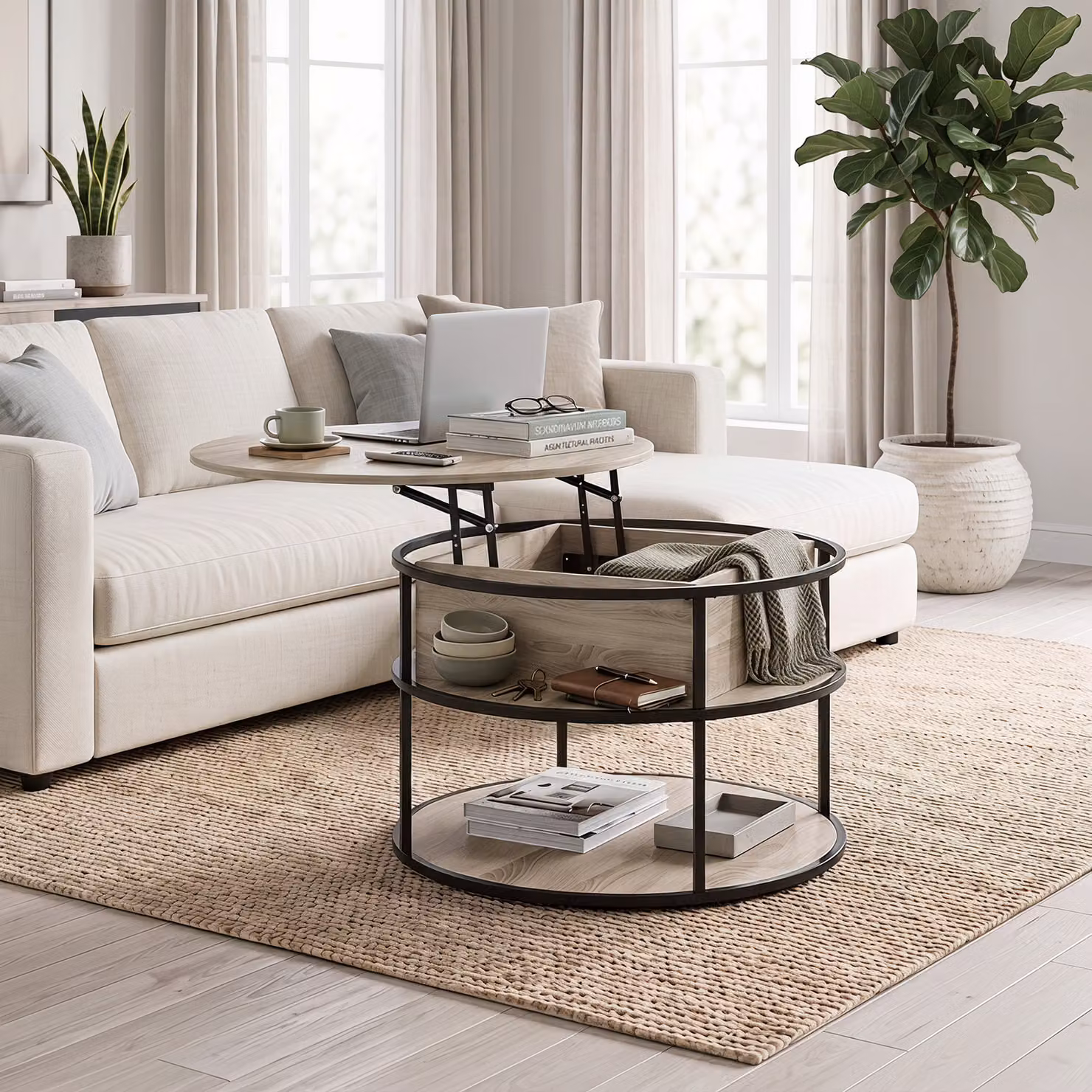 Tavolino rotondo sollevabile HOMCOM con vano e mensole laterali in legno color rovere – 2