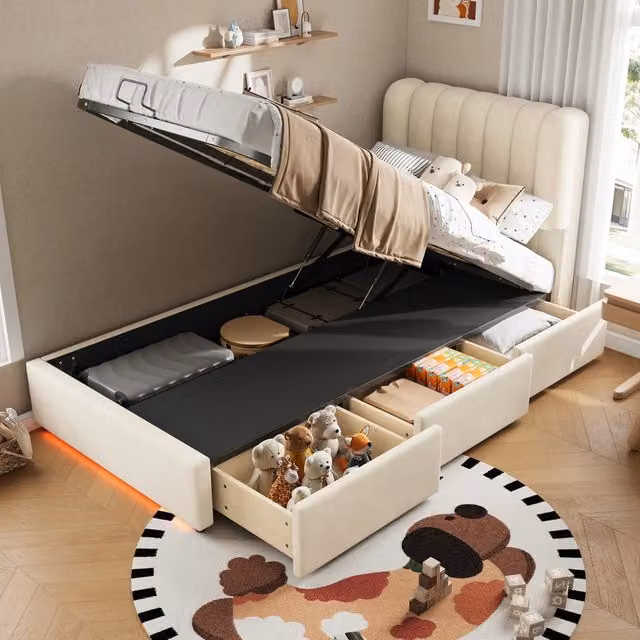Letto contenitore REDOM in velluto beige con base a sollevamento idraulico L/P: 90 x 200 cm