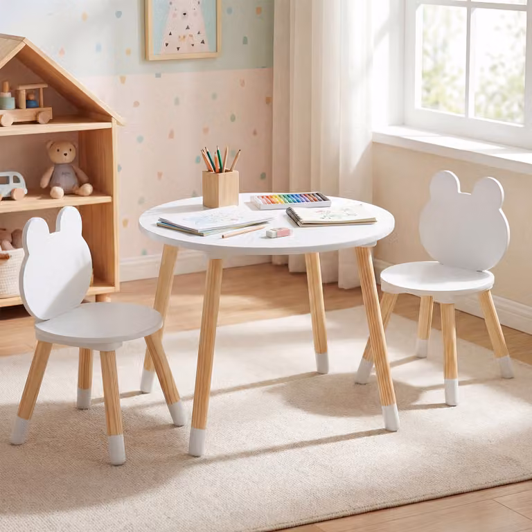 Set tavolo e sedie per bambini Costway a forma di rana con gambe in legno, arredo multiattività bianco per casa e asilo dai 3 ai 6 anni