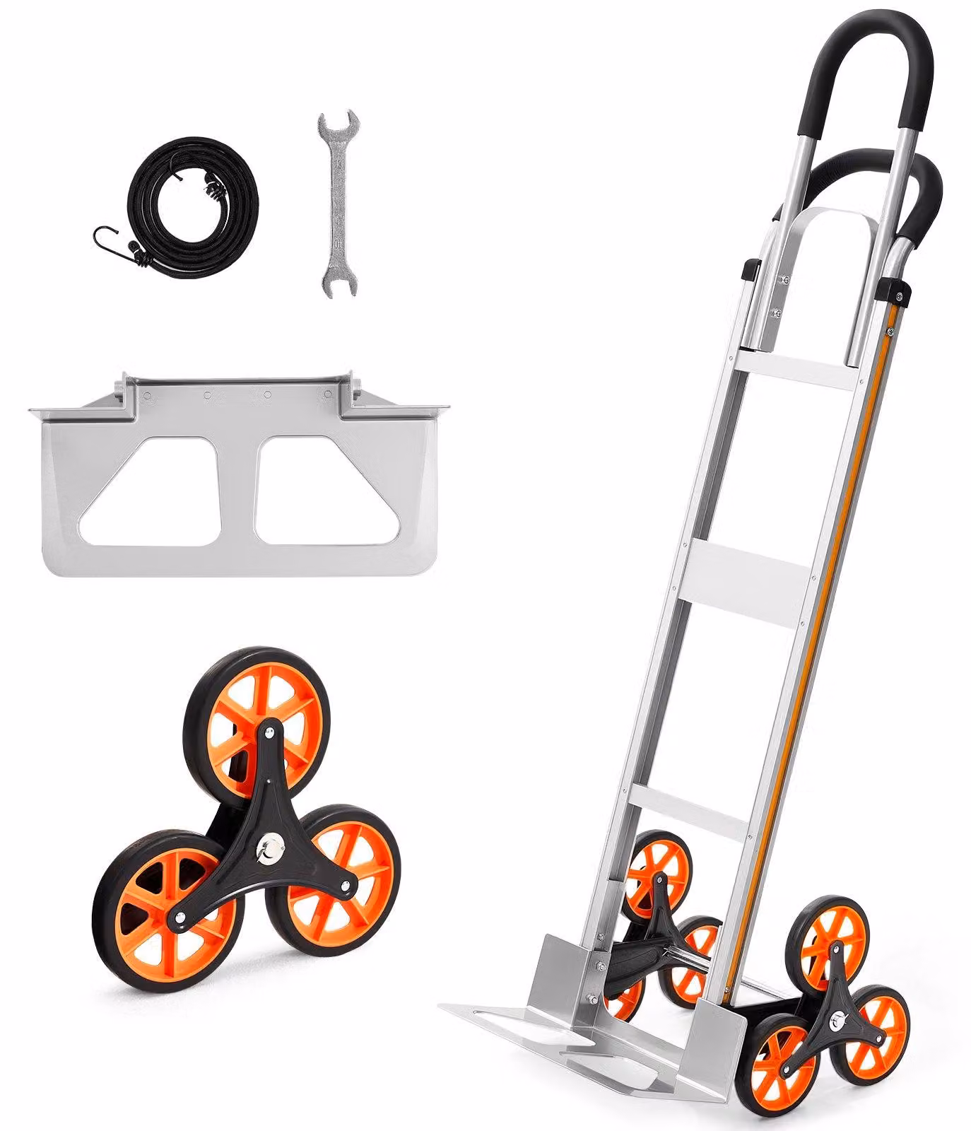 Carrello a scala per scale – Pieghevole – Capacità di carico 150 kg – Lega di alluminio – Manico telescopico – Sei ruote – Due cinghie di fissaggio