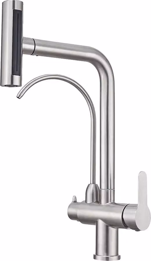 Rubinetto a cascata, bocca flessibile, design a doppia maniglia, acciaio inox, spazzolato