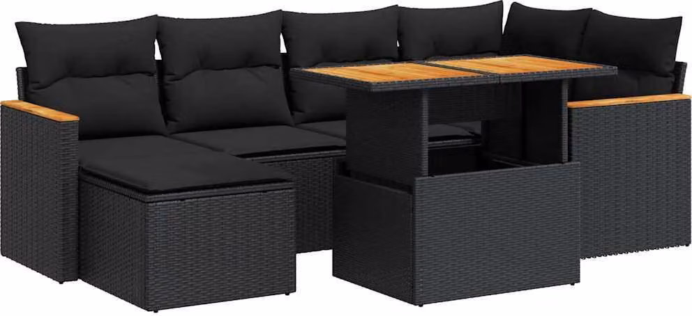 Set Divani da Giardino con Cuscini 7pz Nero Polyrattan Acacia