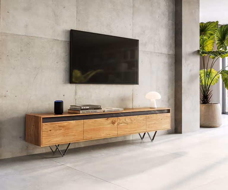 DELIFE Mobile basso design Stonegrace, 200 cm, legno di acacia naturale, effetto ardesia, 4 cassetti