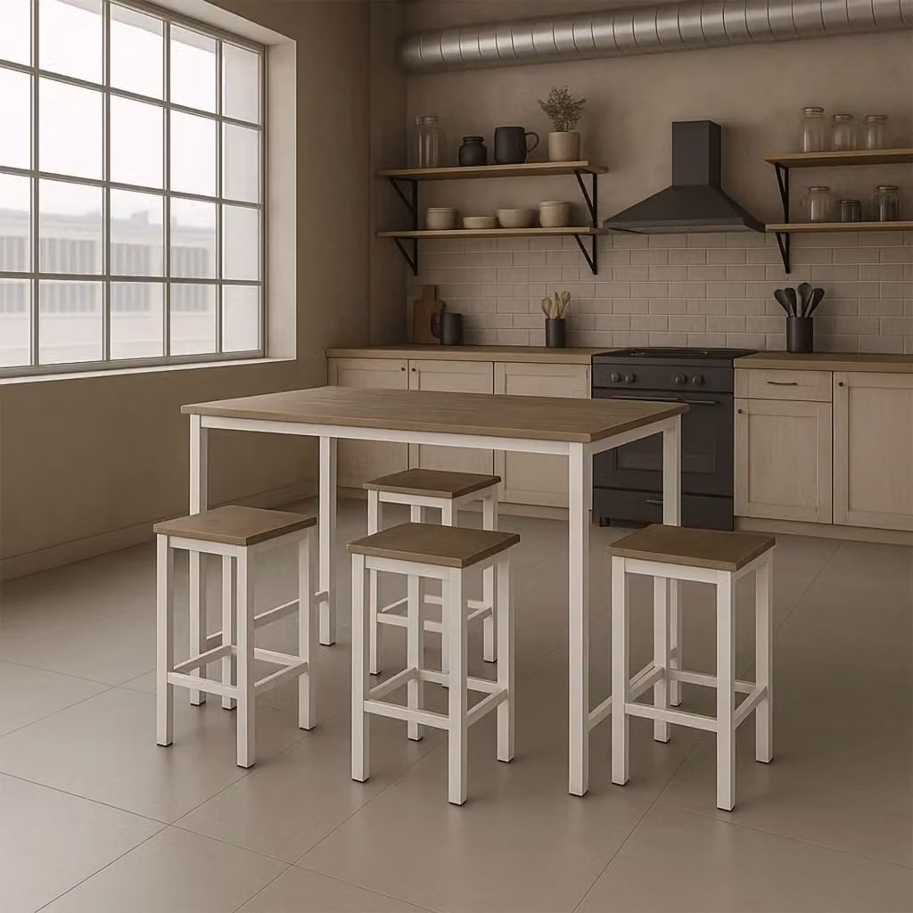 Set tavolo da bar e 4 sgabelli Frankystar in stile industrial, colore marrone quercia, L/P/H: 100 x 60 x 88 cm – 2
