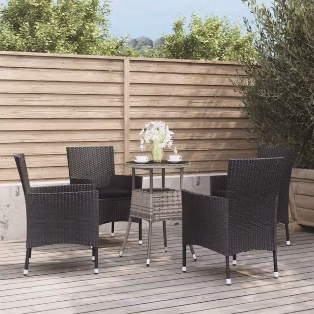 Set Bistrò da Giardino vidaXL 5 Pezzi in Polyrattan Nero e Grigio con Tavolo Rotondo in Vetro – 1
