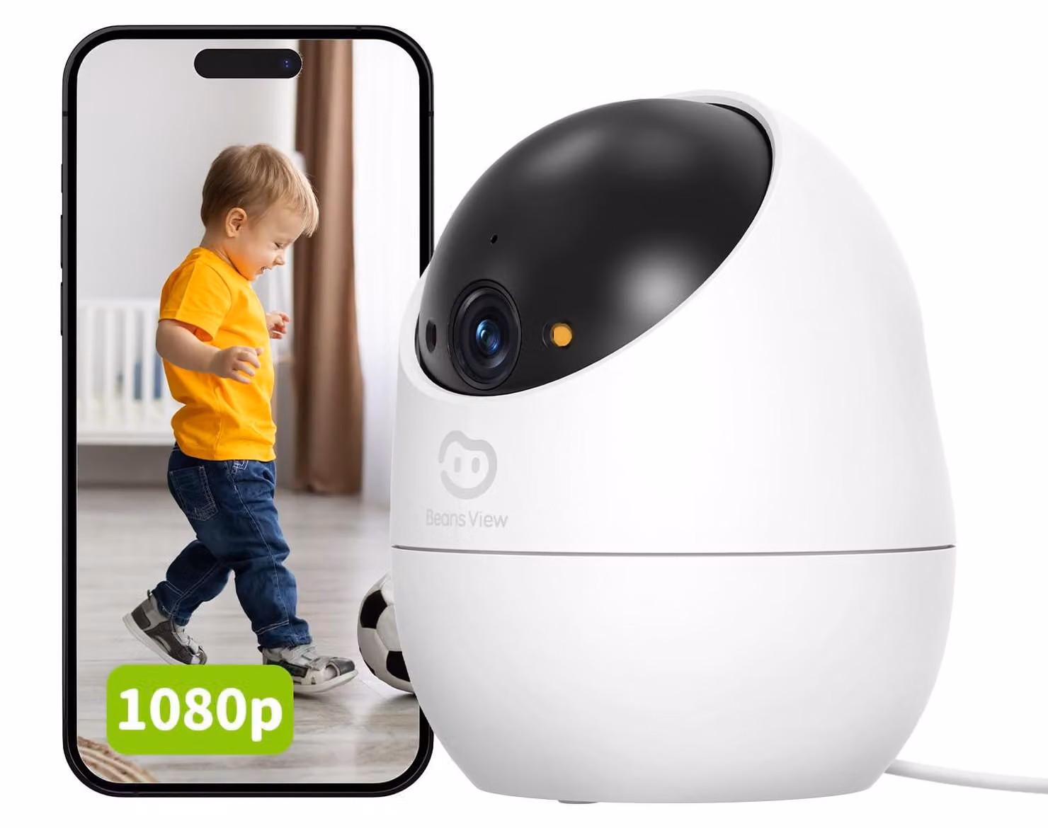 Telecamera interna Beans View per videosorveglianza e sicurezza, Wi-Fi a 2,4 GHz, visione notturna a colori