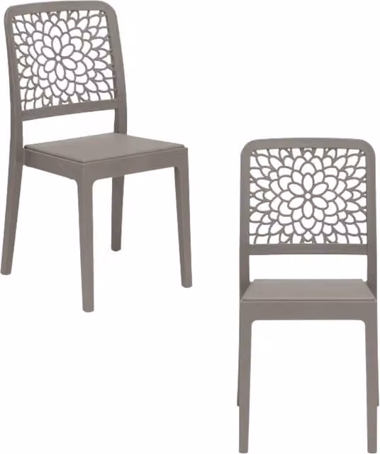 Set di 2 sedie Redokasa in polipropilene con design floreale moderno, impilabili e idrorepellenti, colore Tortora/Beige/Grigio